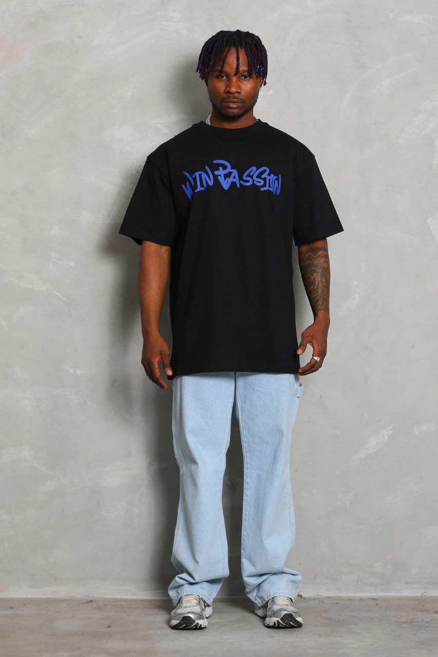 Erkek Baskılı Tişört Kısa Kol Bisiklet Yaka Oversize T-Shirt - Siyah