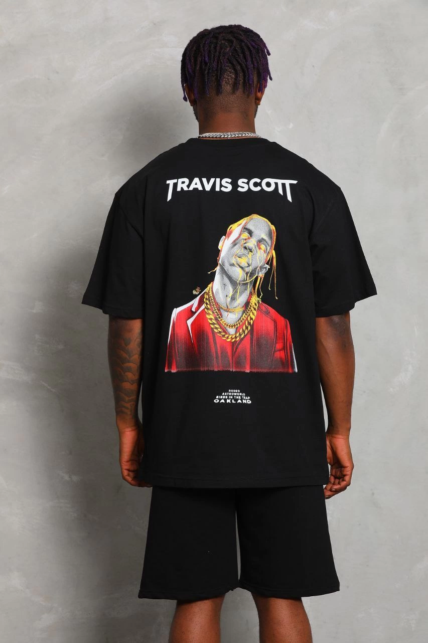 Erkek Baskılı Tişört Kısa Kol Bisiklet Yaka Oversize T-Shirt - Siyah