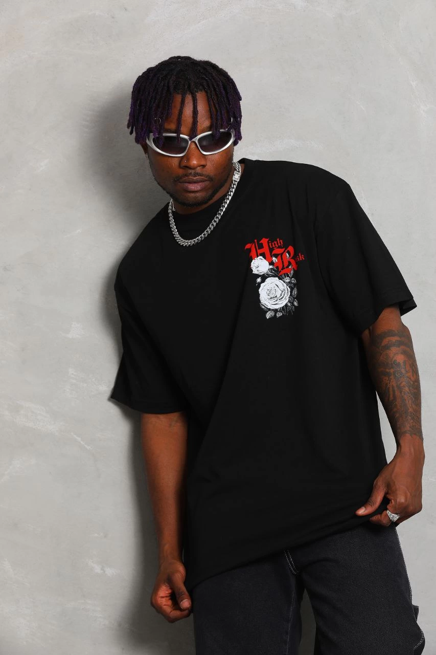 Erkek Kısa Kol Yazlık Tişört Bisiklet Yaka Baskılı Oversize T-Shirt - Siyah