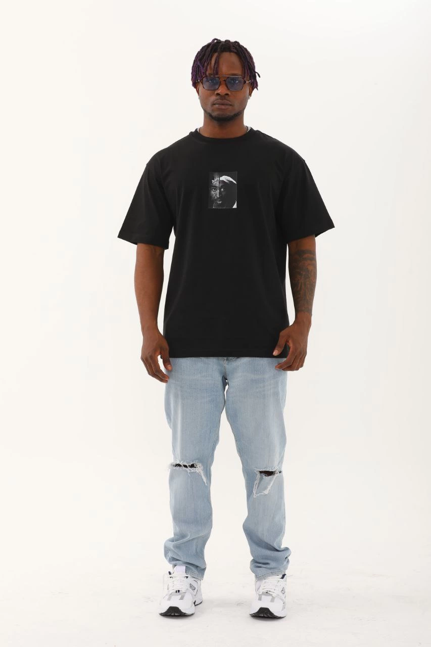 Erkek Kısa Kol Yazlık Tişört Bisiklet Yaka Baskılı Oversize T-Shirt - Siyah