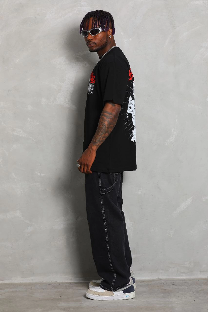 Erkek Kısa Kol Yazlık Tişört Bisiklet Yaka Baskılı Oversize T-Shirt - Siyah