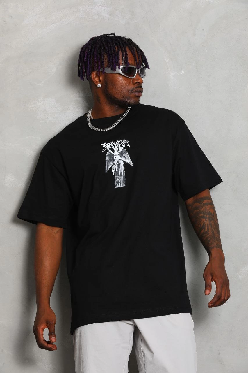 Erkek Kısa kol  Baskılı Bisiklet Yaka T-Shirt - Siyah