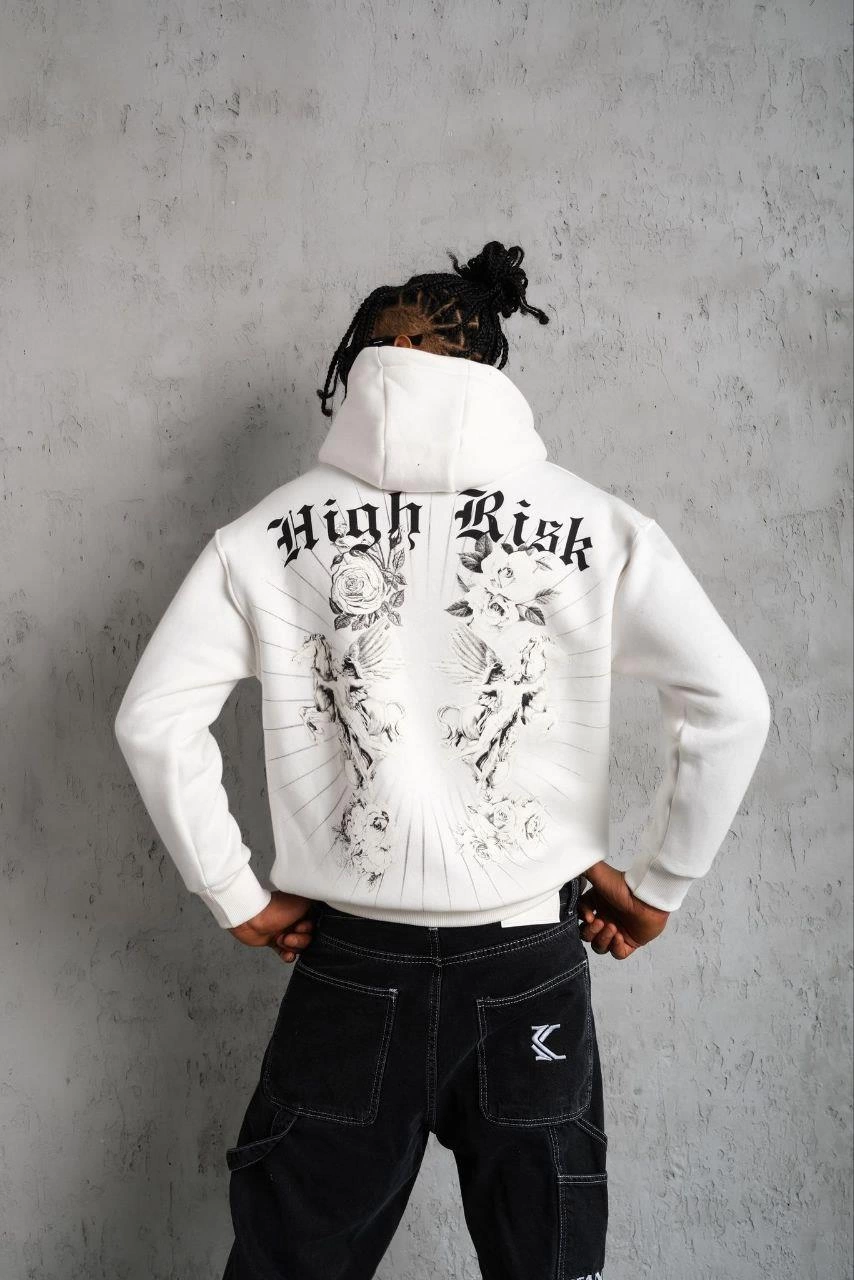 Erkek 3 İplik Pamuklu Kapüşonlu Baskılı Cepli Oversize Sweatshirt Hoodie - Beyaz