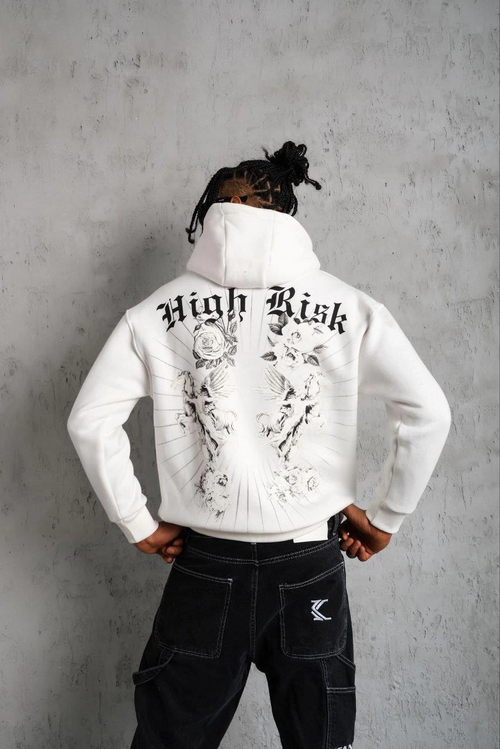 Erkek 3 İplik Pamuklu Kapüşonlu Baskılı Cepli Oversize Sweatshirt Hoodie - Beyaz