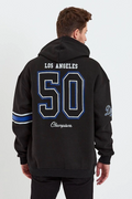 Erkek 3 İplik Pamuklu Kapüşonlu Baskılı Cepli Oversize Sweatshirt Hoodie - Siyah