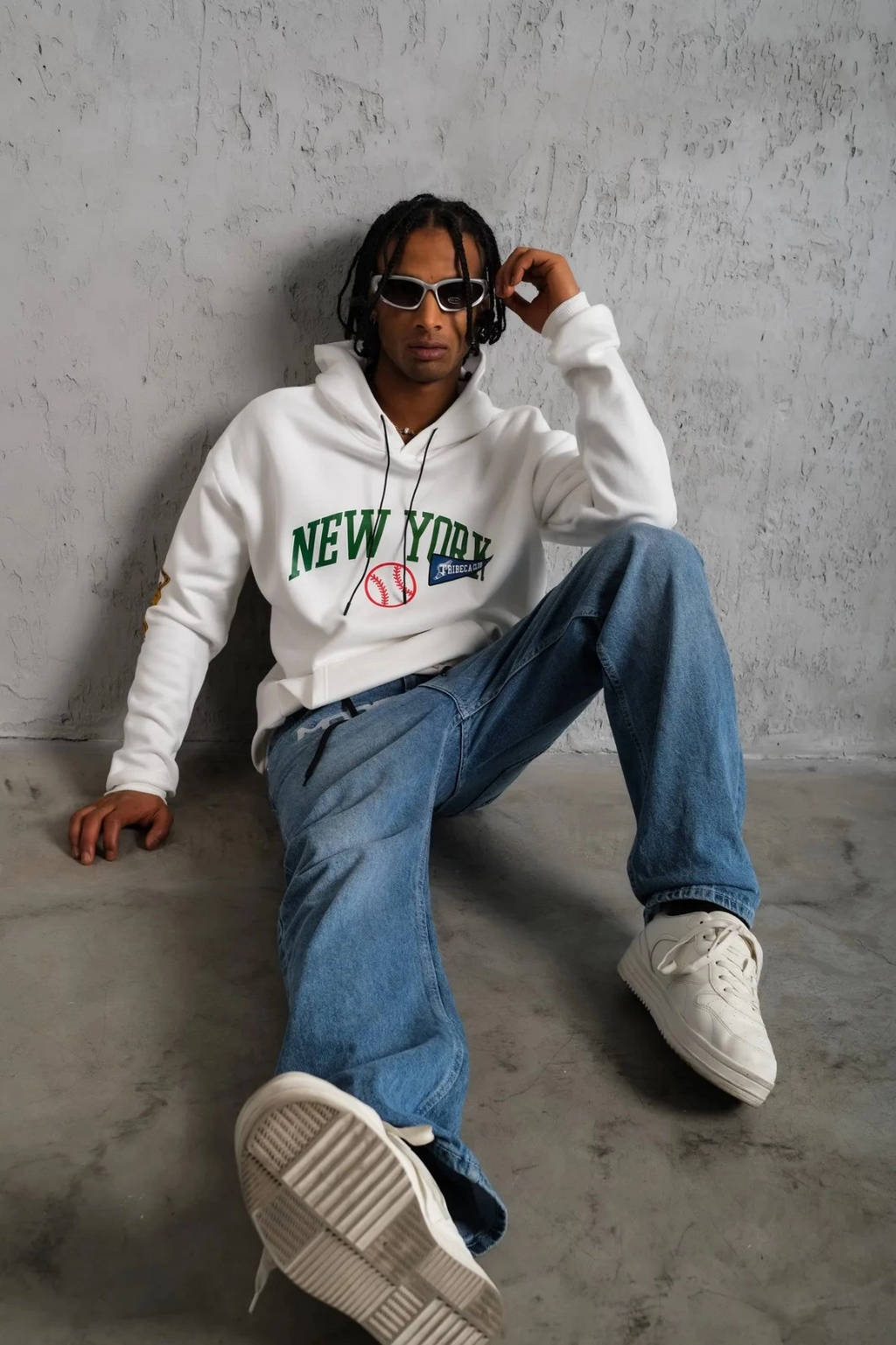 Erkek 3 İplik Pamuklu Kapüşonlu Baskılı Cepli Oversize Sweatshirt Hoodie - Beyaz