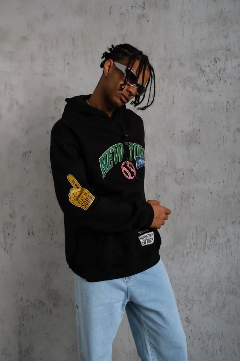 Erkek 3 İplik Pamuklu Kapüşonlu Baskılı Cepli Oversize Sweatshirt Hoodie - Siyah