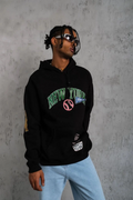Erkek 3 İplik Pamuklu Kapüşonlu Baskılı Cepli Oversize Sweatshirt Hoodie - Siyah