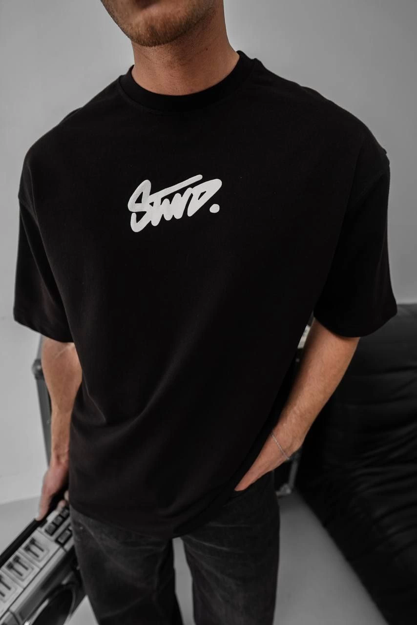 Erkek Kısa Kol Yazlık Tişört Bisiklet Yaka Baskılı Oversize T-Shirt - Siyah