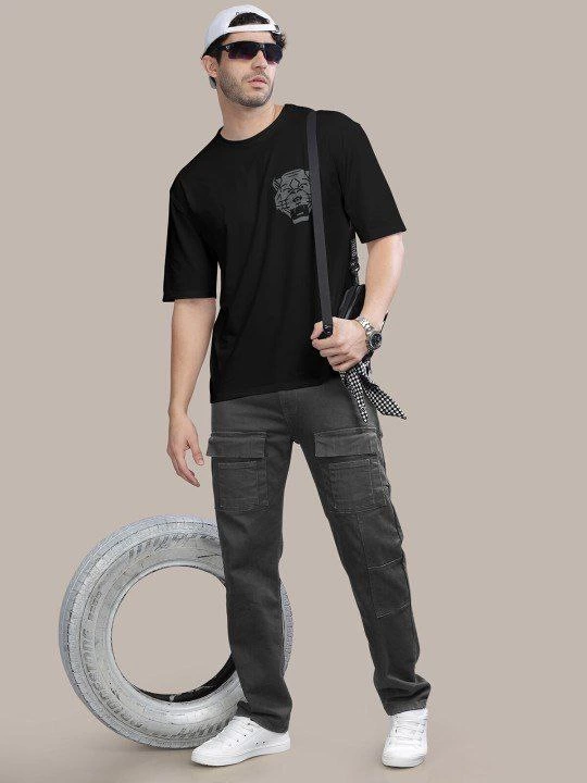 Erkek Kısa Kol Yazlık Tişört Bisiklet Yaka ASLAN Baskılı T-Shirt - Siyah