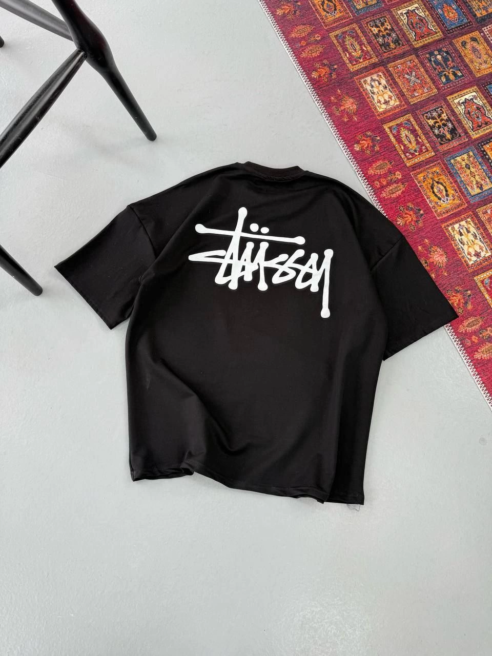 Erkek Kısa Kol Yazlık Tişört Bisiklet Yaka Baskılı Oversize T-Shirt - Siyah