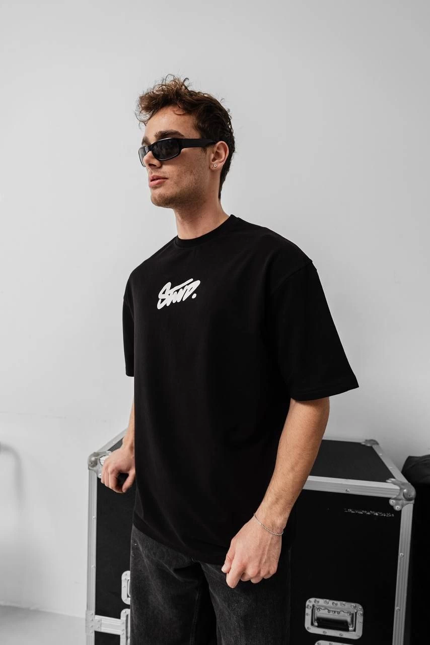 Erkek Kısa Kol Yazlık Tişört Bisiklet Yaka Baskılı Oversize T-Shirt - Siyah