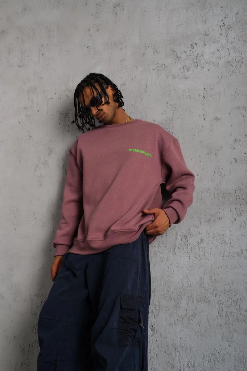 Erkek Bisiklet Yaka Baskılı 3 iplik pamuklu Sweatshirt - Gül Kurusu