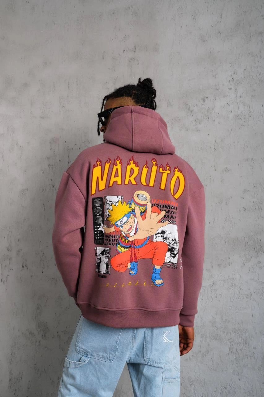 Erkek 3 İplik Pamuklu Kapüşonlu Baskılı Cepli Oversize Sweatshirt Hoodie - Gül Kurusu