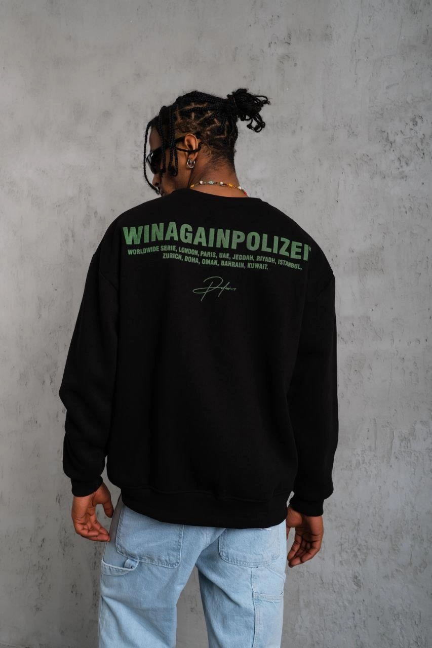 Erkek Oversize Sweatshirt Ön ve Sırt Baskılı 3 İplik Pamuklu - Siyah