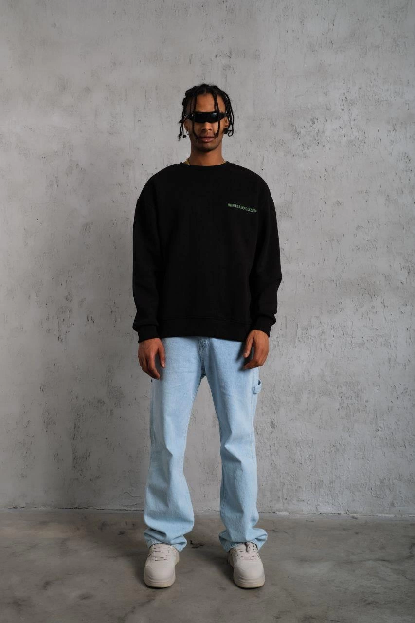 Erkek Oversize Sweatshirt Ön ve Sırt Baskılı 3 İplik Pamuklu - Siyah