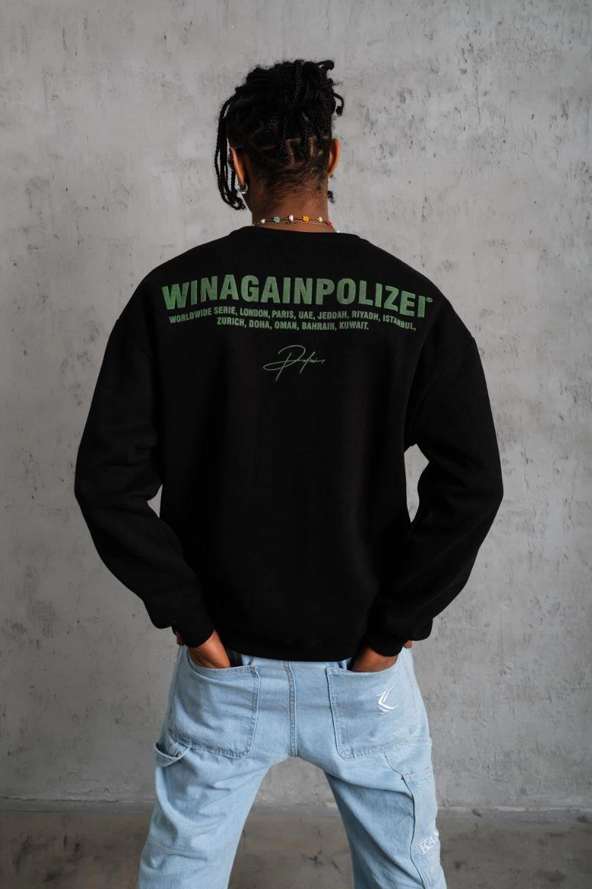 Erkek Bisiklet Yaka Baskılı 3 iplik pamuklu Sweatshirt - Siyah