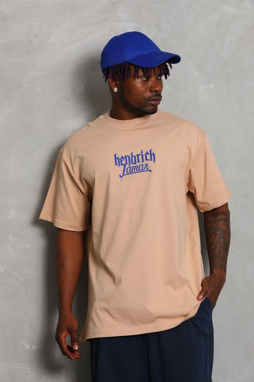Erkek Baskılı Tişört Kısa Kol Bisiklet Yaka Oversize T-Shirt - Bej