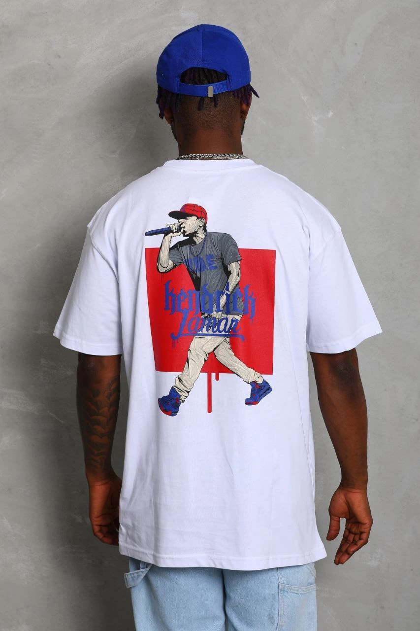 Erkek Baskılı Tişört Kısa Kol Bisiklet Yaka Oversize T-Shirt - Beyaz