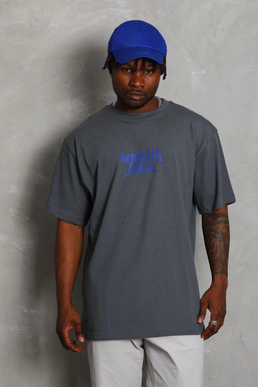Erkek Baskılı Tişört Kısa Kol Bisiklet Yaka Oversize T-Shirt - Füme