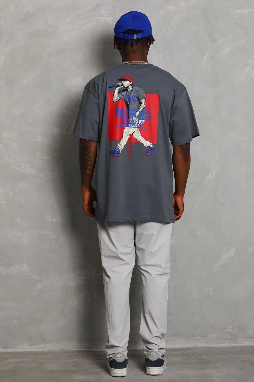 Erkek Baskılı Tişört Kısa Kol Bisiklet Yaka Oversize T-Shirt - Füme