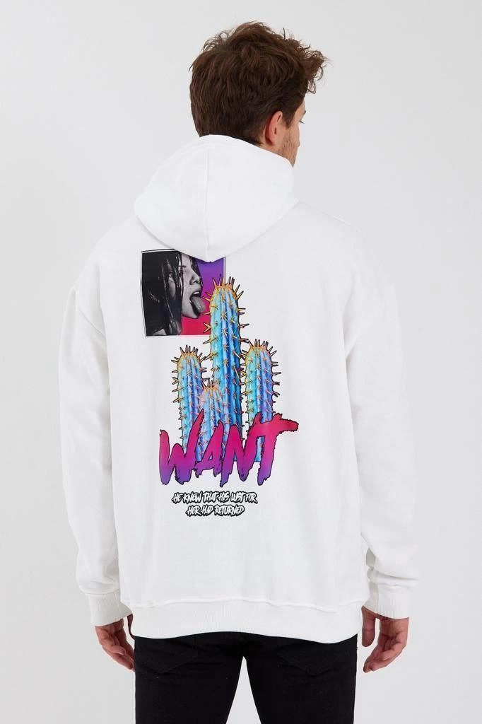 Erkek 3 İplik Pamuklu Kapüşonlu Baskılı Cepli Oversize Sweatshirt Hoodie - Beyaz