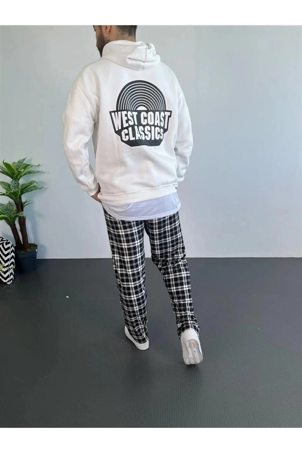 Erkek Kapüşonlu Kanguru Cepli Sweatshirt 3 İplik Pamuklu Baskılı Hoodie - Beyaz