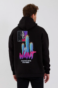 Erkek 3 İplik Pamuklu Kapüşonlu Baskılı Cepli Oversize Sweatshirt Hoodie - Siyah
