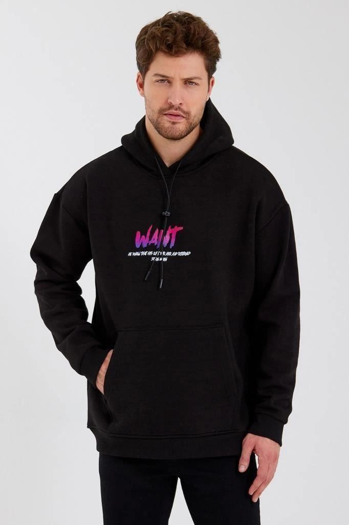 Erkek 3 İplik Pamuklu Kapüşonlu Baskılı Cepli Oversize Sweatshirt Hoodie - Siyah