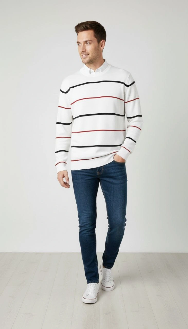 Erkek Bisiklet Yaka Cizgili Triko Kazak yumuşak dokulu Pamuklu ince Dokuma uzun - Beyaz