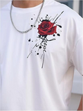 Erkek Kısa Kol Yazlık Tişört Bisiklet Yaka GÜL Baskılı T-Shirt - Beyaz