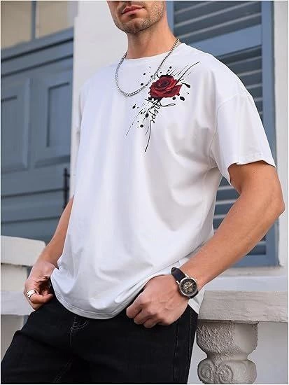 Erkek Kısa Kol Yazlık Tişört Bisiklet Yaka GÜL Baskılı T-Shirt - Beyaz