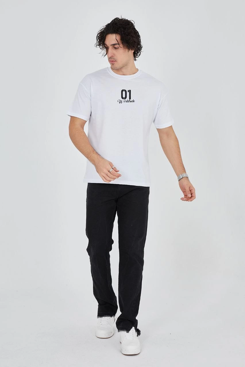 Erkek Baskılı T-Shirt Kısa Kol Bisiklet Yaka Regular Fit Rahat Kalıp Günlük Tişört - Beyaz