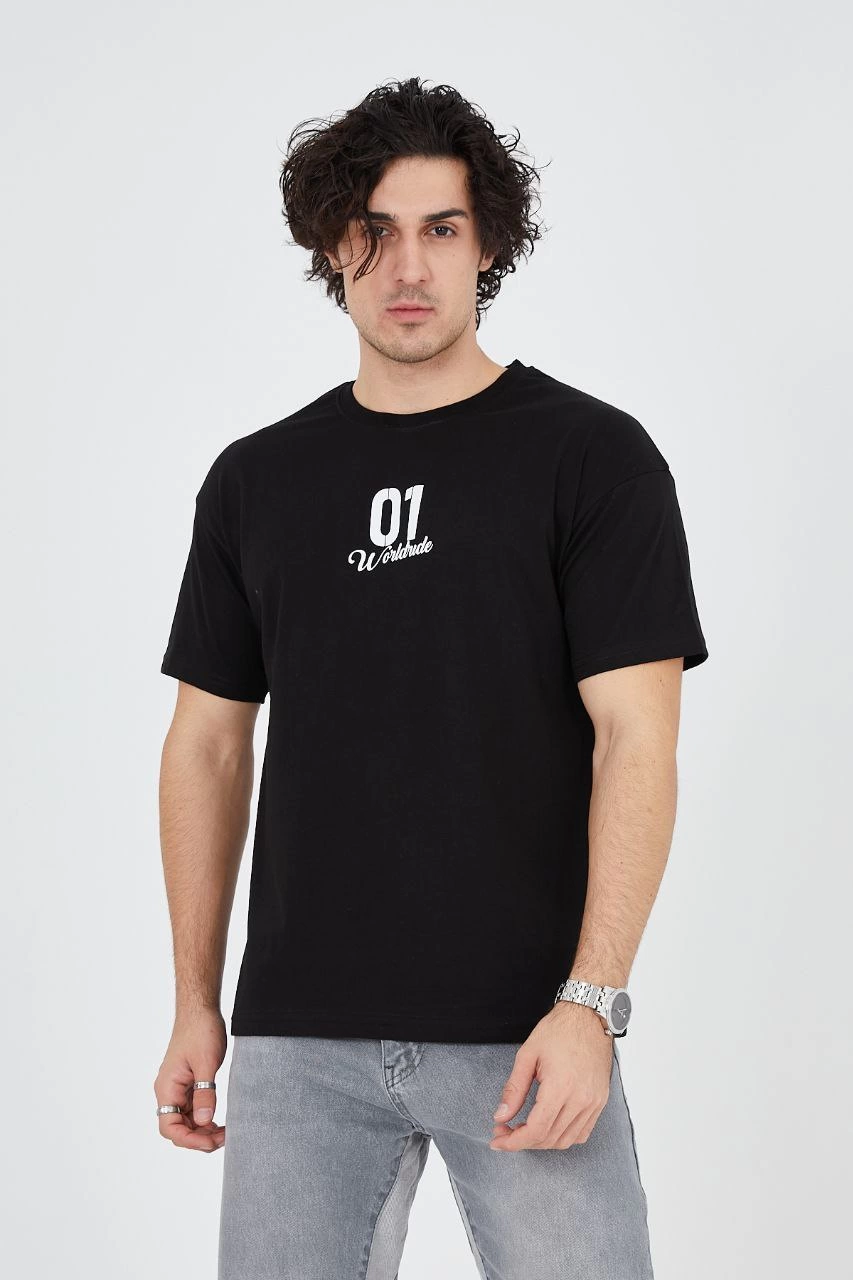Erkek Baskılı T-Shirt Kısa Kol Bisiklet Yaka Regular Fit Rahat Kalıp Günlük Tişört - Siyah