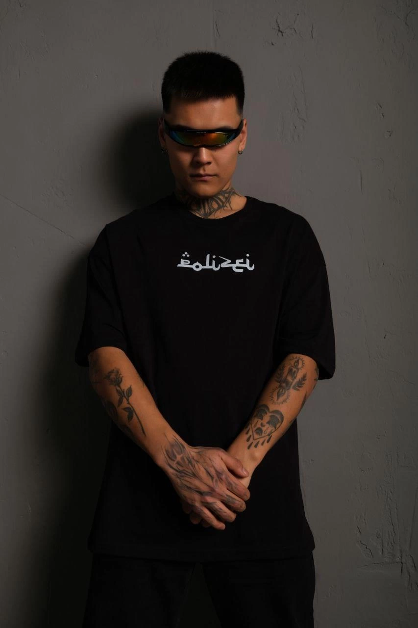 Erkek Kısa Kol Yazlık Tişört Bisiklet Yaka Baskılı Oversize T-Shirt - Siyah