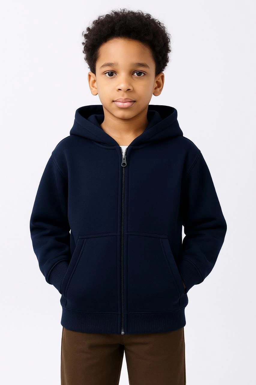 Erkek Çocuk Kapüşonlu Kanguru Cepli Tam Fermuarlı Hırka SweatShirt - Lacivert