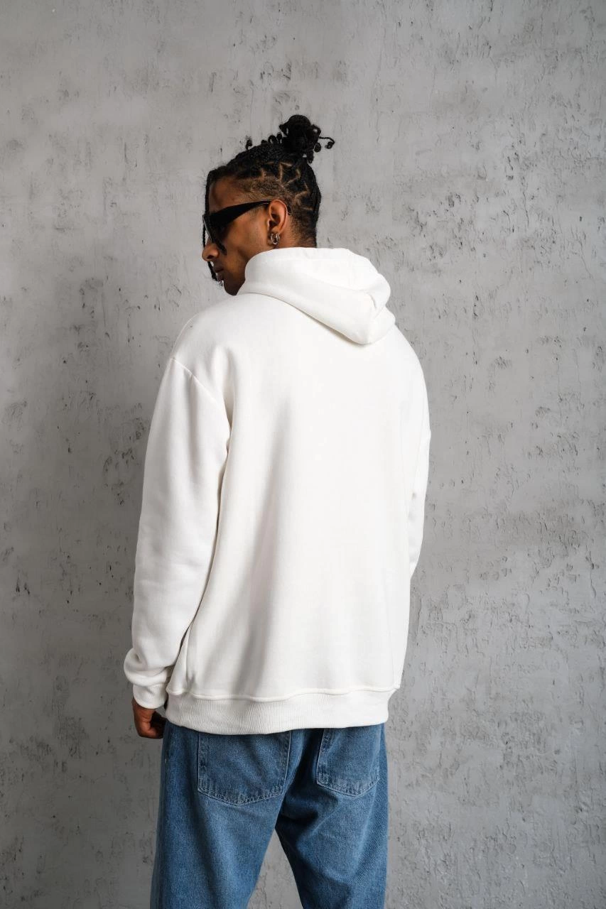 Erkek 3 İplik Pamuklu Kapüşonlu Baskılı Cepli Oversize Sweatshirt Hoodie - Beyaz