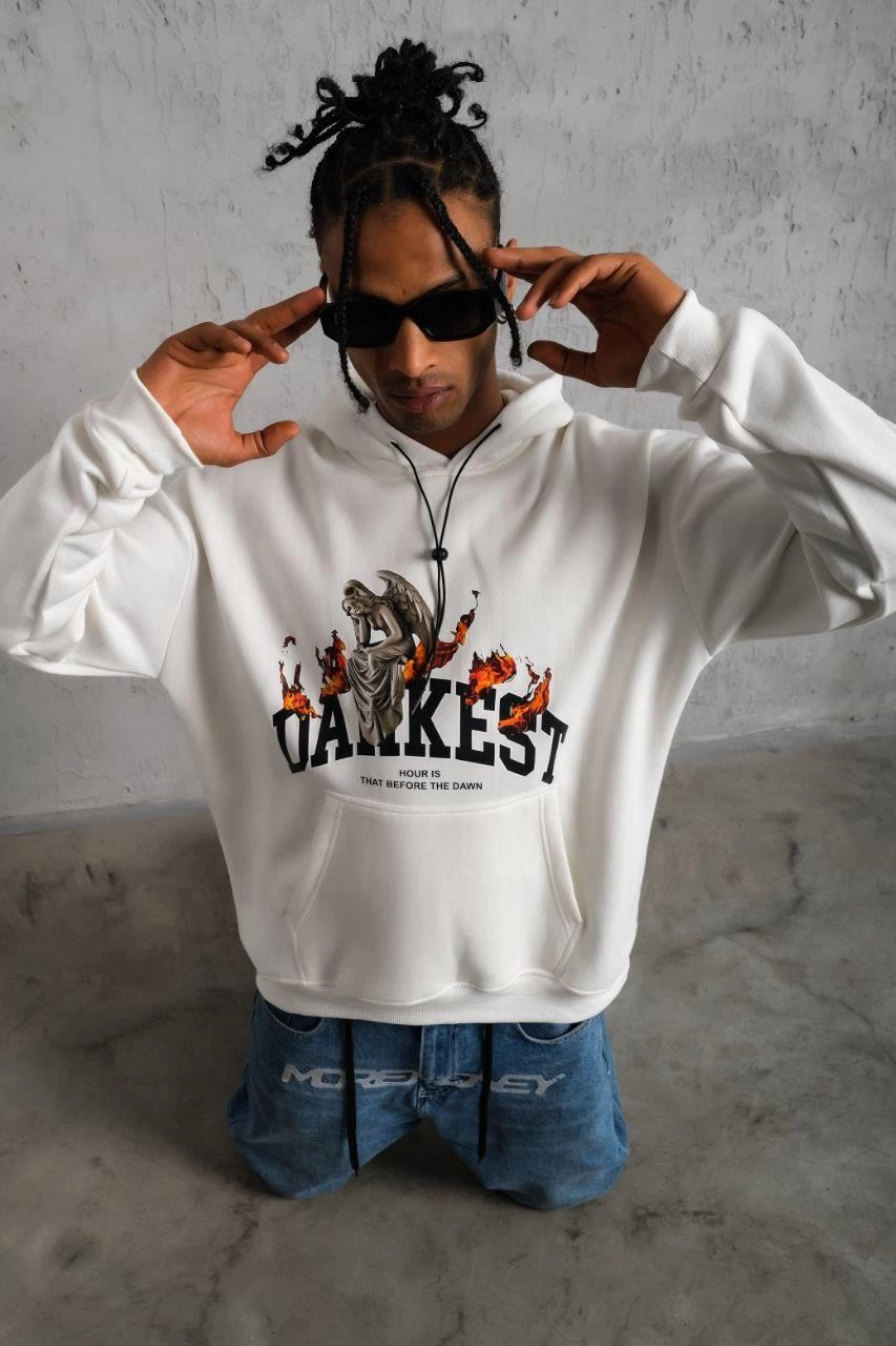 Erkek 3 İplik Pamuklu Kapüşonlu Baskılı Cepli Oversize Sweatshirt Hoodie - Beyaz