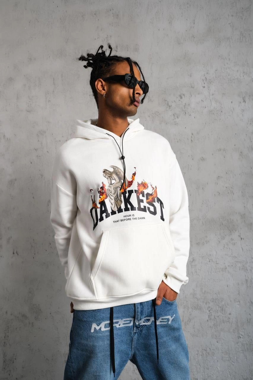 Erkek 3 İplik Pamuklu Kapüşonlu Baskılı Cepli Oversize Sweatshirt Hoodie - Beyaz