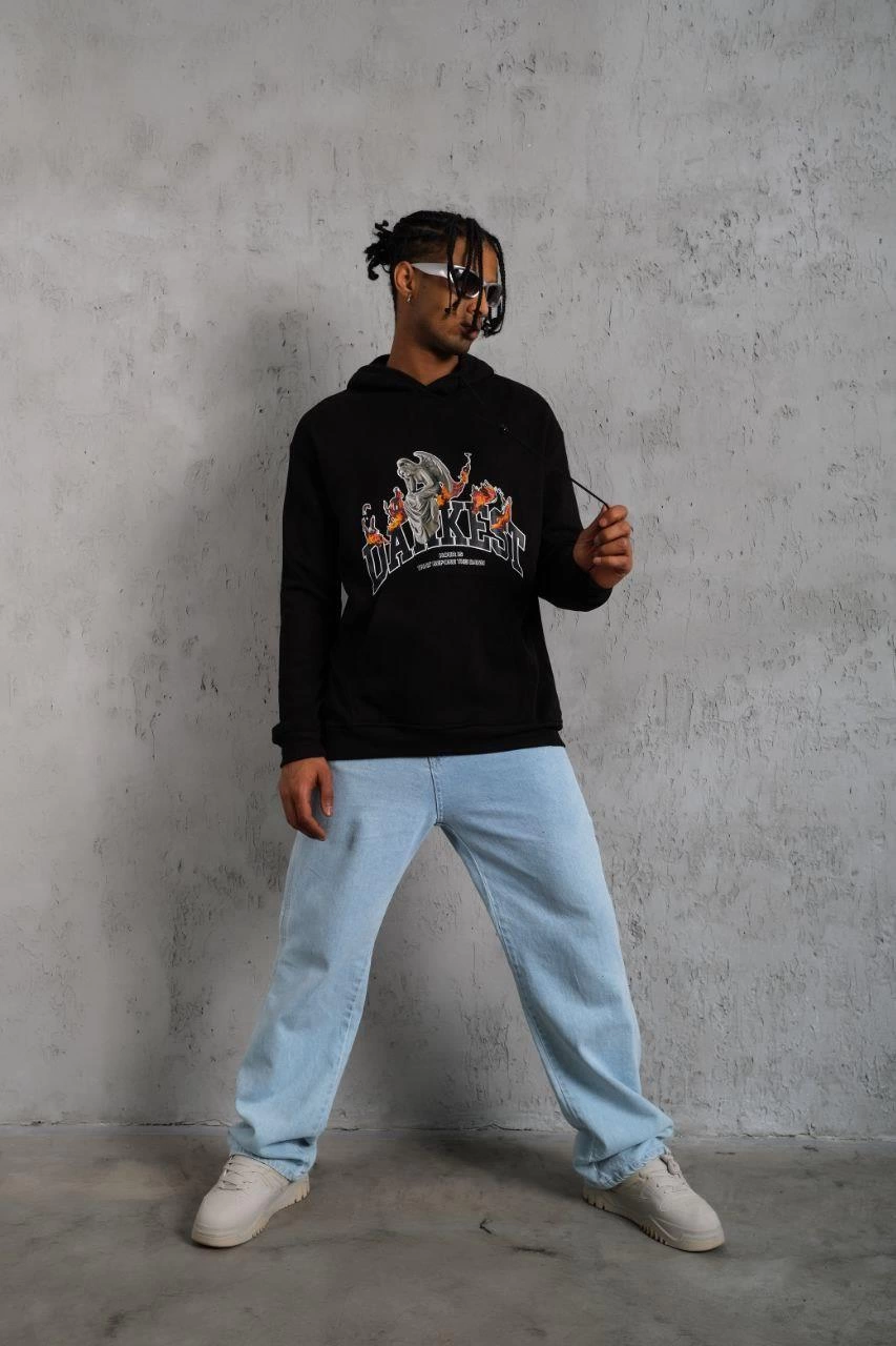 Erkek Kapüşonlu Kanguru Cepli Sweatshirt 3 İplik Pamuklu Baskılı Hoodie - Siyah