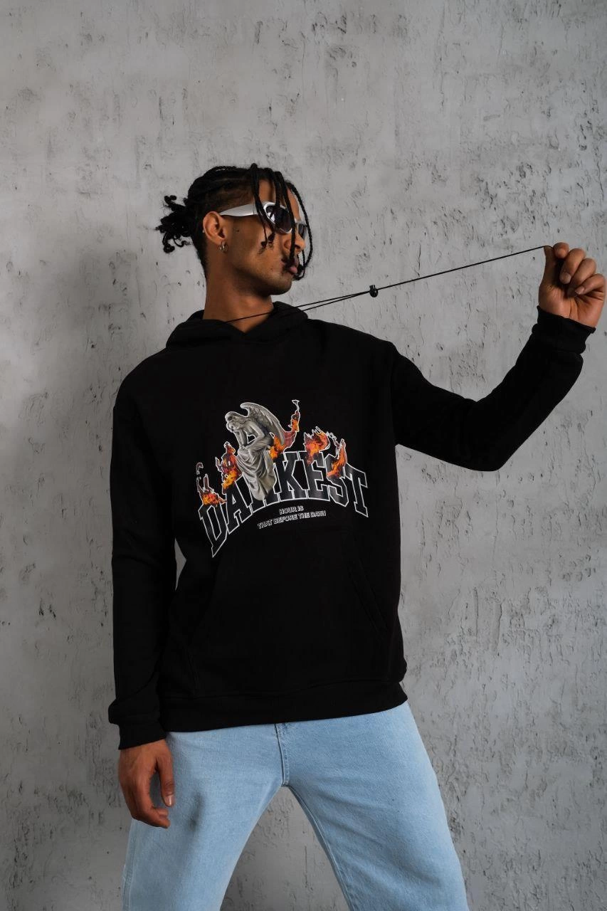 Erkek 3 İplik Pamuklu Kapüşonlu Baskılı Cepli Oversize Sweatshirt Hoodie - Siyah
