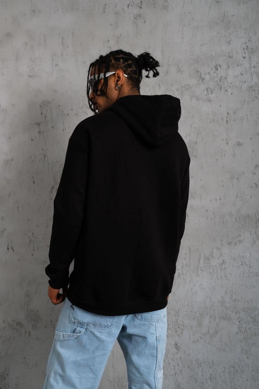 Erkek 3 İplik Pamuklu Kapüşonlu Baskılı Cepli Oversize Sweatshirt Hoodie - Siyah