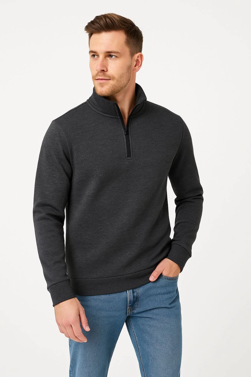Erkek Dik Yaka Yarım Fermuarlı 3 İplik Pamuklu Sweatshirt - Antrasit