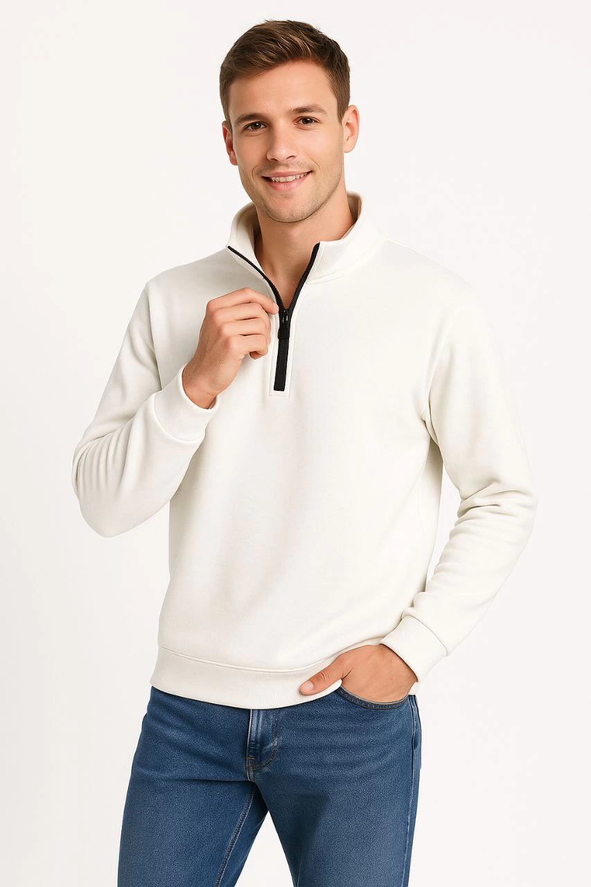 Erkek Dik Yaka Yarım Fermuarlı 3 İplik Pamuklu Sweatshirt - Beyaz