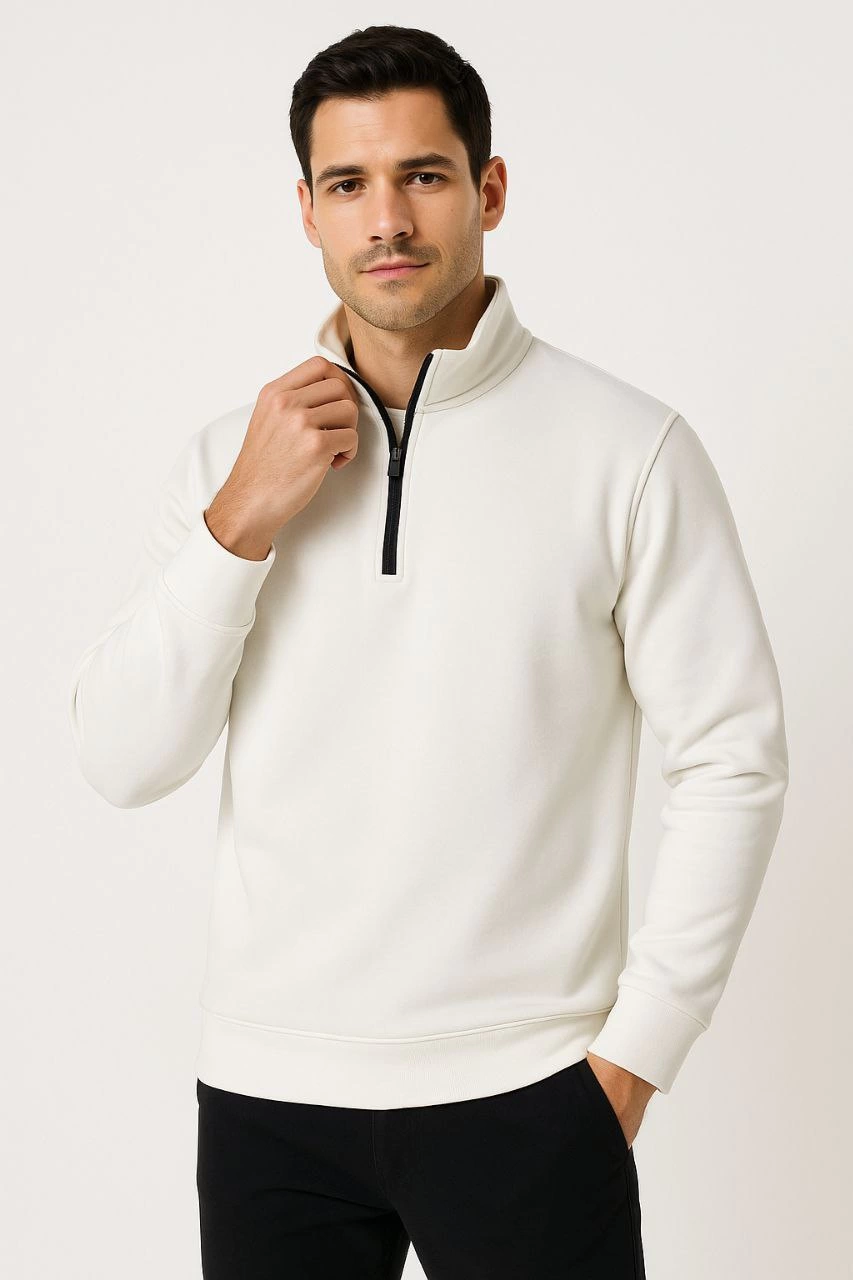 Erkek Dik Yaka Yarım Fermuarlı 3 İplik Pamuklu Sweatshirt - Beyaz