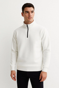 Erkek Dik Yaka Yarım Fermuarlı 3 İplik Pamuklu Sweatshirt - Beyaz