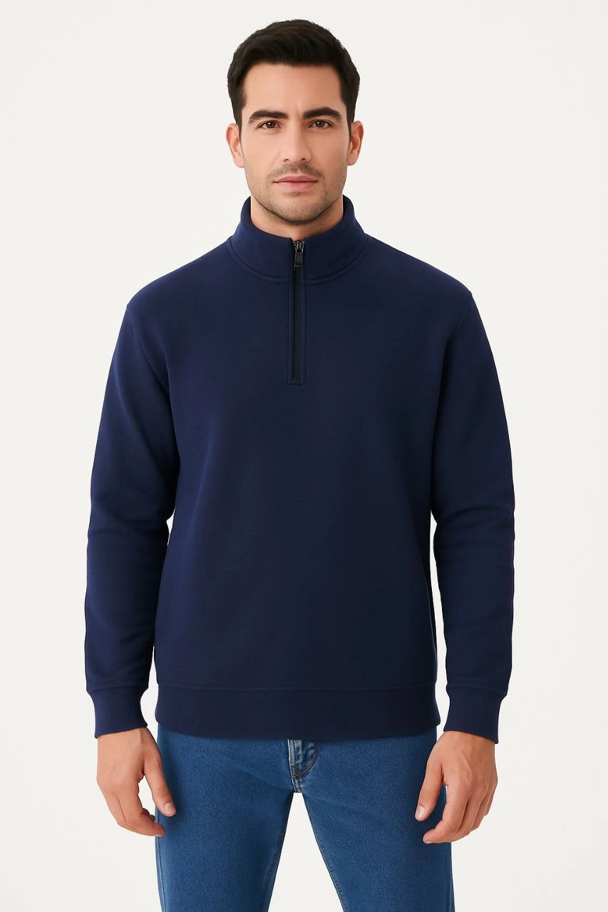 Erkek Dik Yaka Sweatshirt Dik Yaka Yarım Fermuarlı 3 İplik Pamuk Kumaş - Lacivert