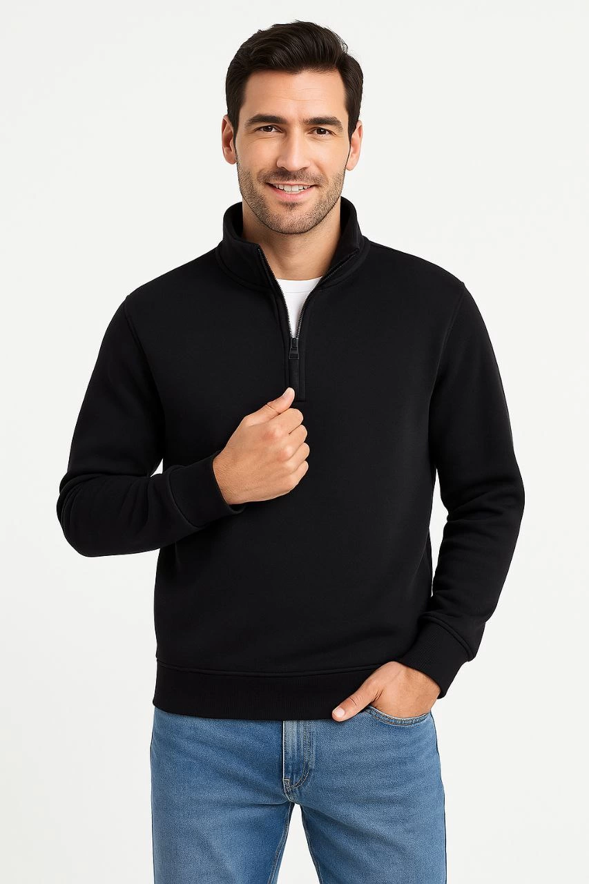 Erkek Dik Yaka Sweatshirt Dik Yaka Yarım Fermuarlı 3 İplik Pamuk Kumaş - Siyah