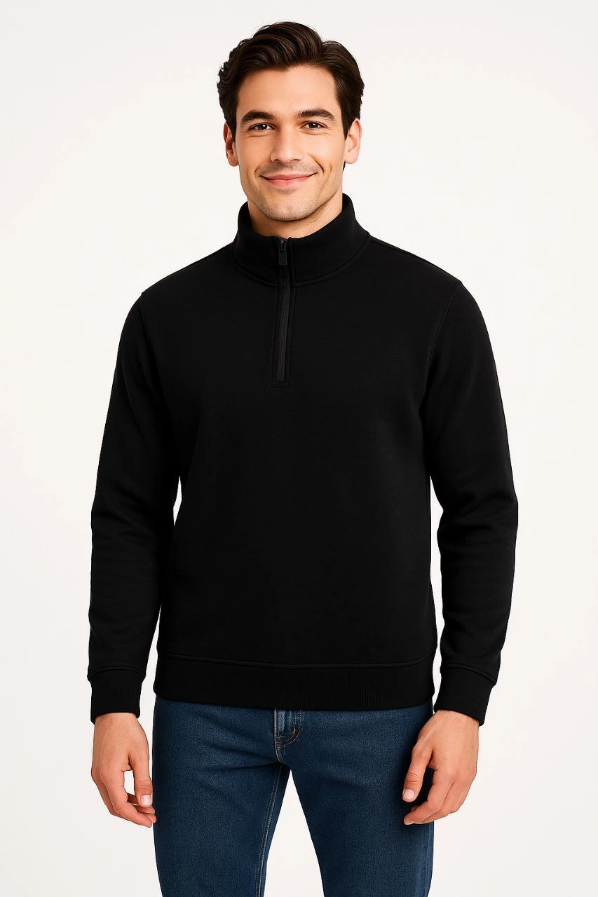 Erkek Dik Yaka Sweatshirt Dik Yaka Yarım Fermuarlı 3 İplik Pamuk Kumaş - Siyah