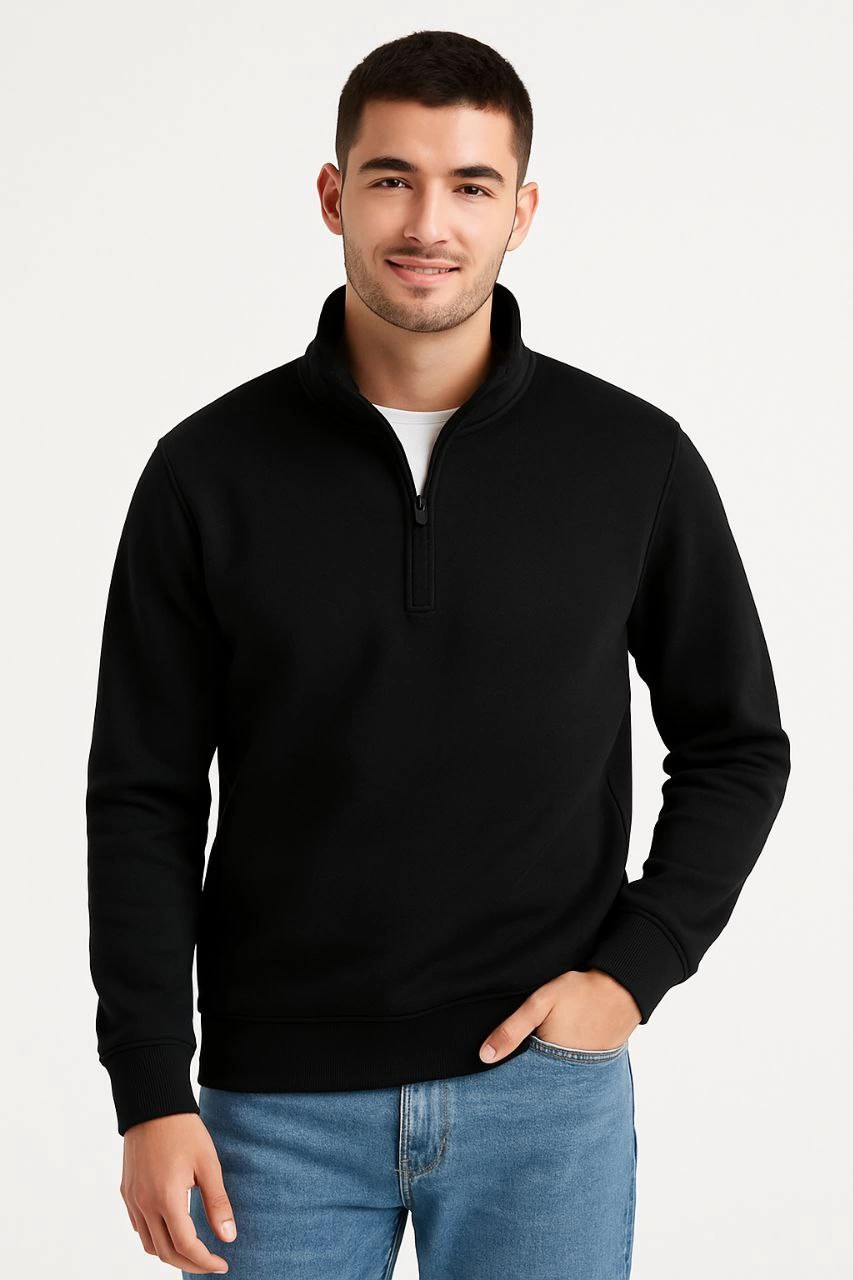Erkek Dik Yaka Sweatshirt Dik Yaka Yarım Fermuarlı 3 İplik Pamuk Kumaş - Siyah